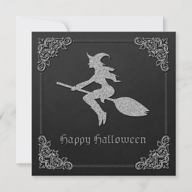 Invitation Halloween sorcière volante en argent (Devant)