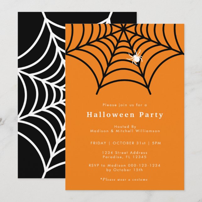 Invitation Halloween Spider Web Éffrayant moderne Orange Part (Devant / Derrière)