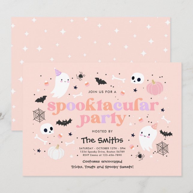 Invitation Halloween Spooktaculaire Parti mignon Fantôme rose (Devant / Derrière)