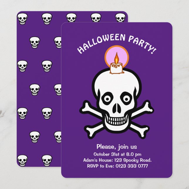 Invitation Halloween spooky skulls on royal purple Invite (Devant / Derrière)