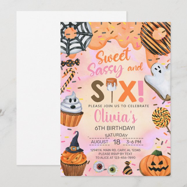 Invitation Halloween Sweet sassy six fille 6e anniversaire in (Devant / Derrière)
