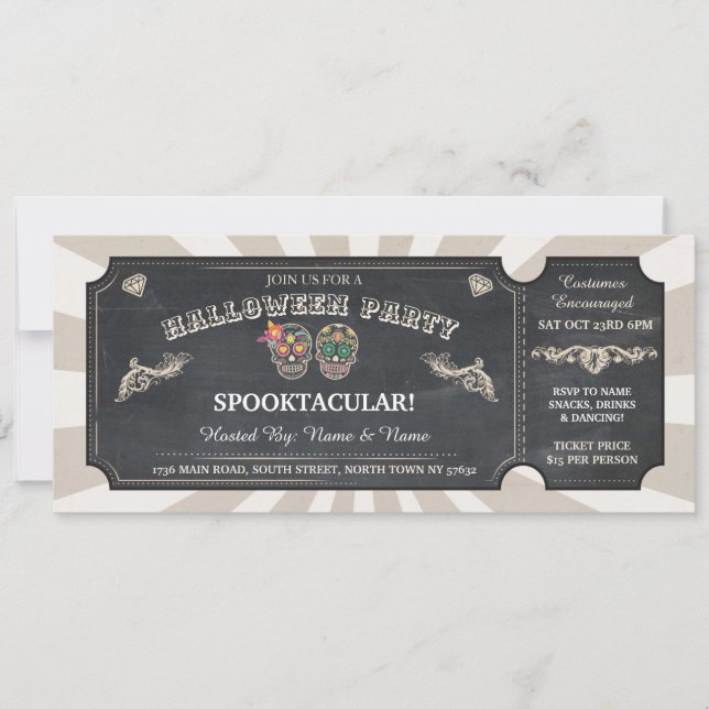 Invitation Halloween Ticket Sugar Skuls Party Événement Éffra (Devant)