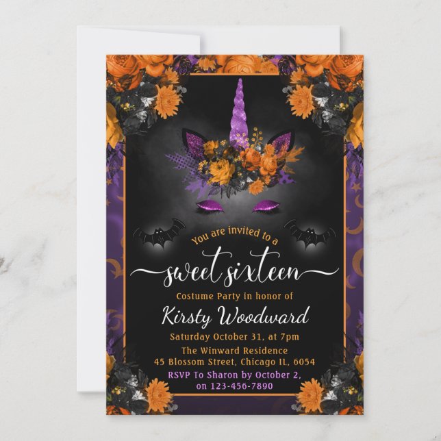 Invitation Halloween Unicorne florale Sweet sixteen visage (Devant)