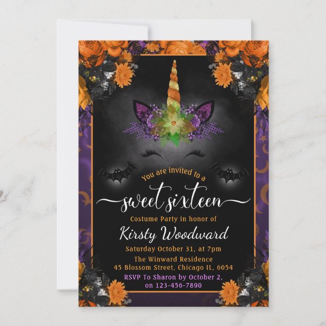 Invitation Halloween Unicorne florale Sweet sixteen visage (Devant)