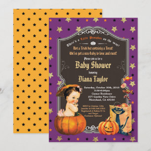Invitation Halloween vintage bébé fille douche or violet