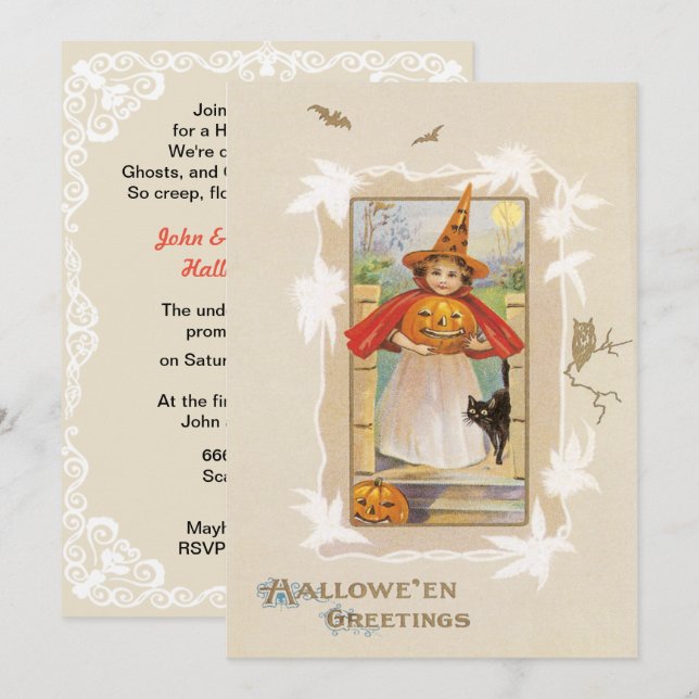 Invitation Halloween vintage Cute Little Witch (Devant / Derrière)