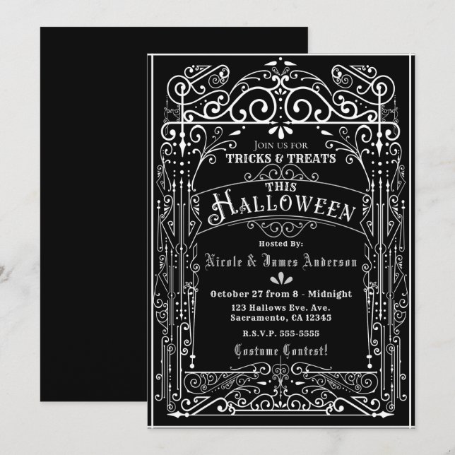 Invitation Halloween Vintage et noir (Devant / Derrière)