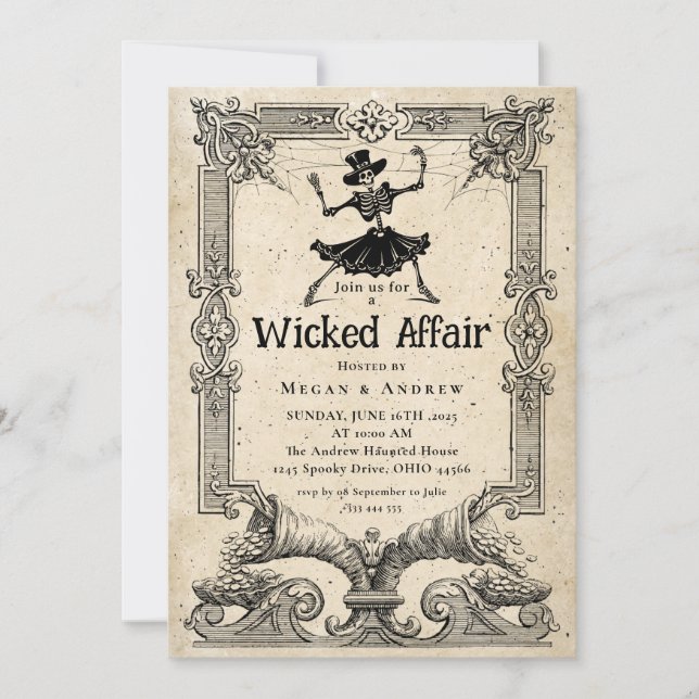 Invitation Halloween Vintage Gothique crâne de Wicked Affair (Devant)