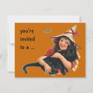 Invitation Halloween vintage, Sorcière fille avec chat noir