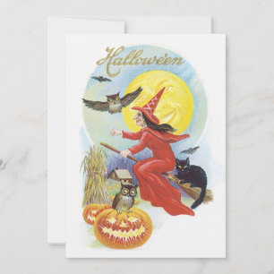 Invitation Halloween vintage, Sorcière volante avec un chat n