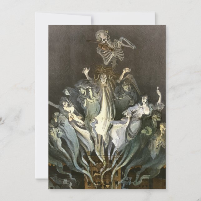 Invitation Halloween vintage, violoniste squelette et fantôme (Devant)