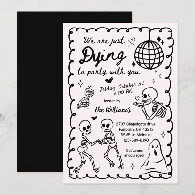 Invitation Halloween Whimsical Quirky Hand Drake Skeleton (Devant / Derrière)