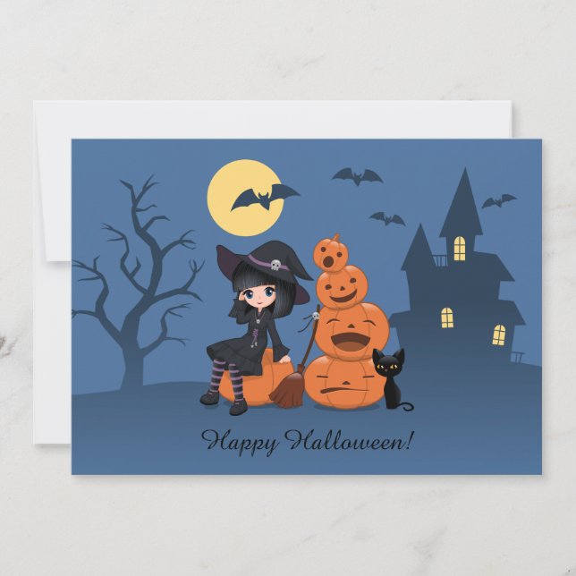 Invitation Halloween Witch, Black Cat et la fête Citrouille (Devant)