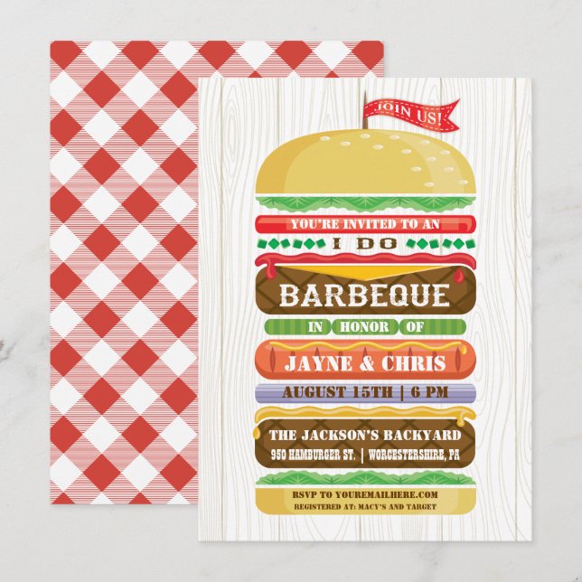 Invitation Hamburger empilé rustique JE FAIS le BBQ (Devant / Derrière)