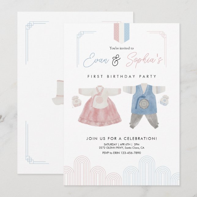 Invitation Hanbok bleu rose coréen Doljanchi premier annivers (Devant / Derrière)