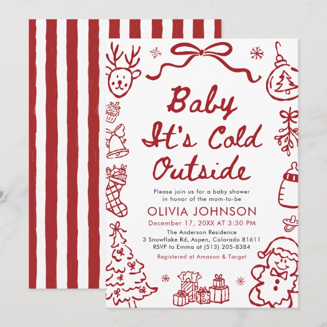 Invitation Hand Drawn Baby It's Cold Outside Baby Shower (Devant / Derrière)