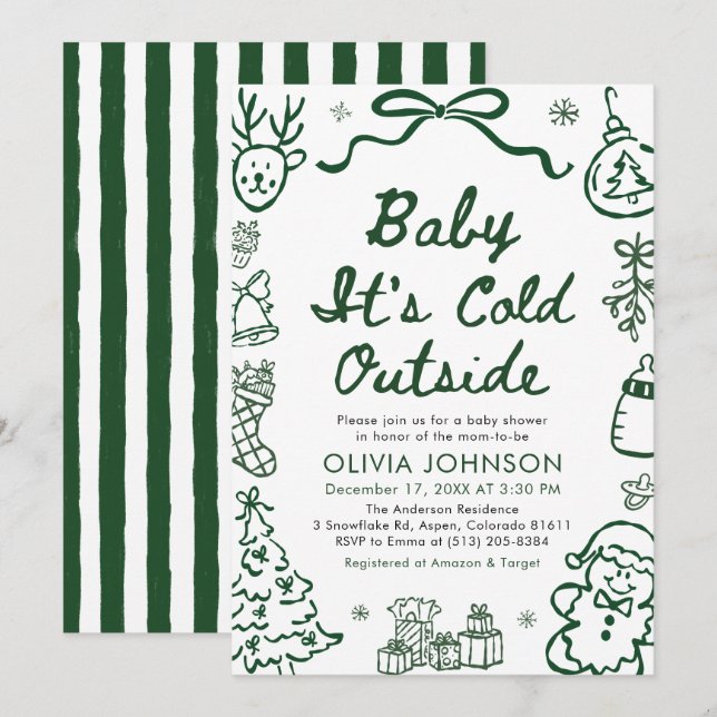 Invitation Hand Drawn Baby It's Cold Outside Baby Shower (Devant / Derrière)
