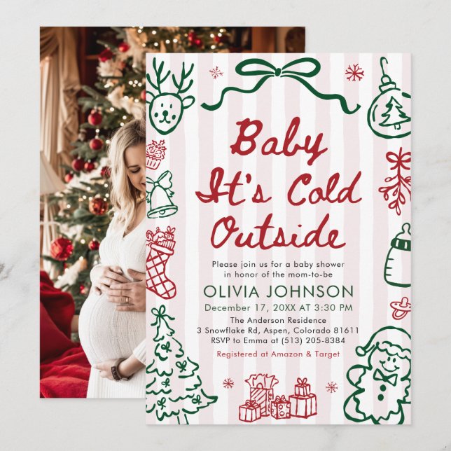Invitation Hand Drawn Baby It's Cold Outside Baby Shower (Devant / Derrière)