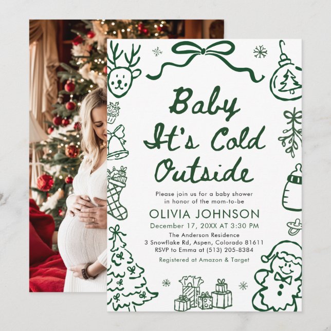 Invitation Hand Drawn Baby It's Cold Outside Baby Shower (Devant / Derrière)