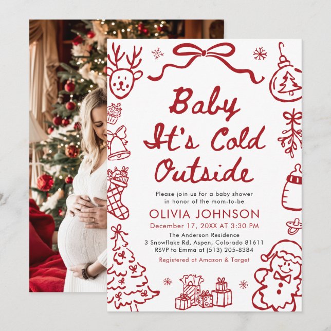 Invitation Hand Drawn Baby It's Cold Outside Baby Shower (Devant / Derrière)