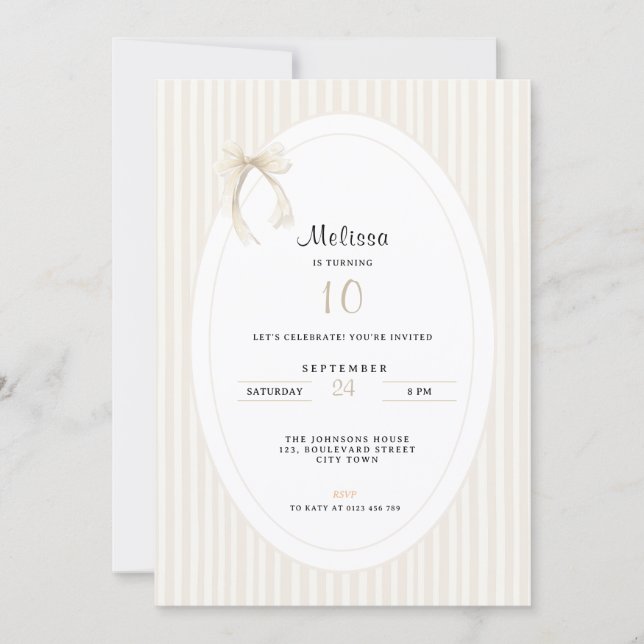Invitation Hand Drawn Beige Stripes Bow 10th Birthday (Devant)