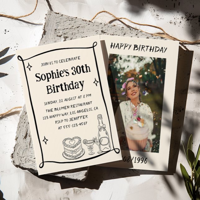 Invitation Hand Drawn Black & Cream 30TH Birthday Photo  (Créateur téléchargé)