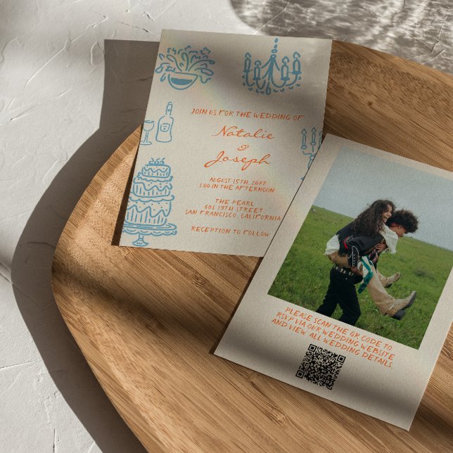 Invitation Hand Drawn Blue Orange Photo QR Code Wedding (Créateur téléchargé)