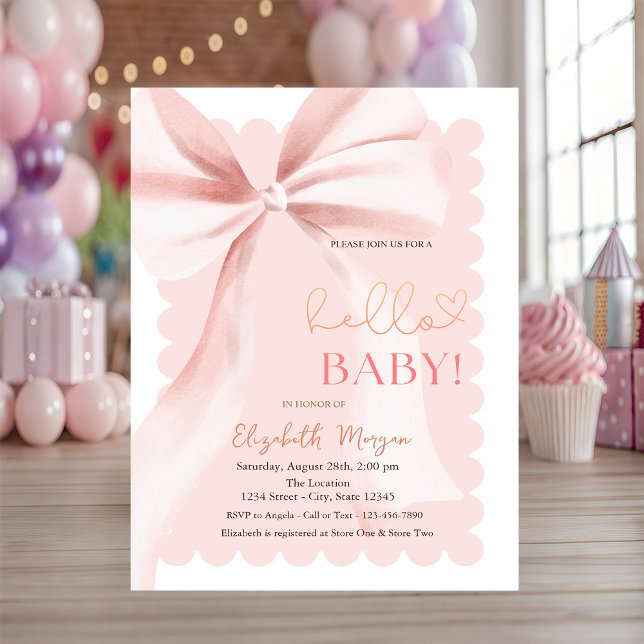 Invitation  Hand Drawn Bow Elegant Frame Pink Baby Shower (Créateur téléchargé)