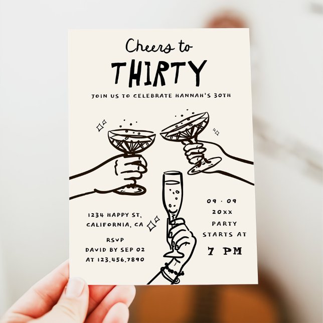 Invitation Hand Drawn Cheers à 30 ans fête d'anniversaire (Créateur téléchargé)