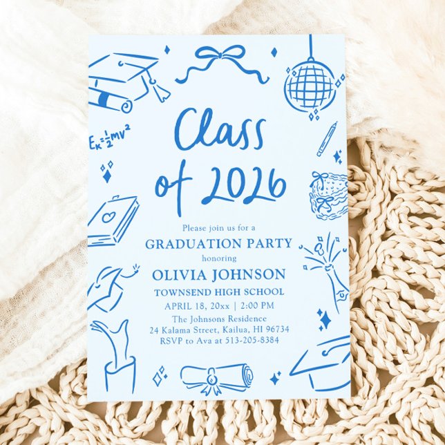 Invitation Hand Drawn Class of 2026 Blue Graduation Party (Hand Drawn Class of 2026 Blue Graduation Party Invitation)