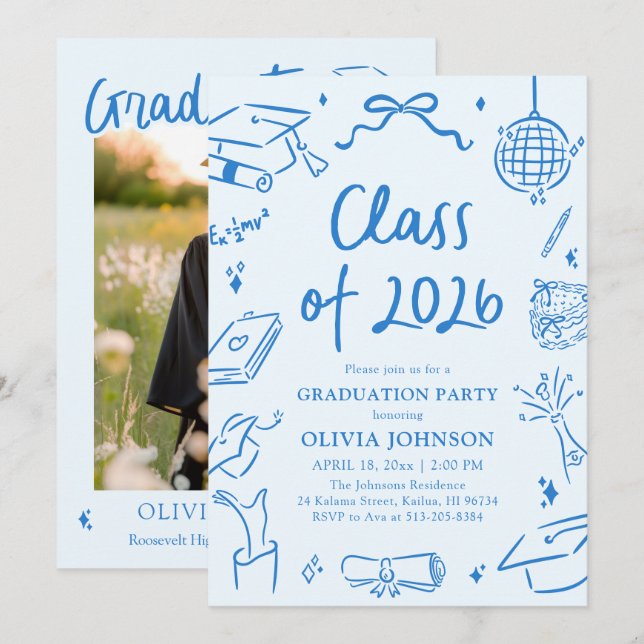 Invitation Hand Drawn Class of 2026 Blue Graduation Party (Devant / Derrière)