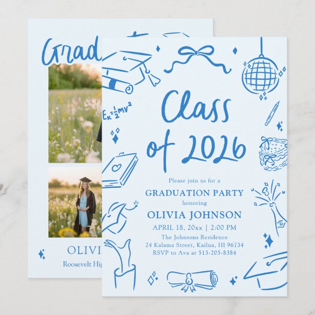 Invitation Hand Drawn Class of 2026 Blue Graduation Party (Devant / Derrière)