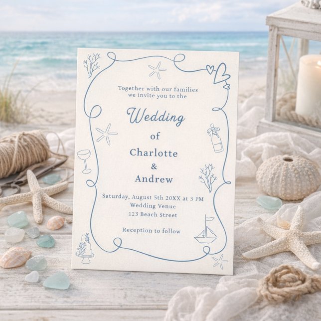 Invitation Hand drawn coastal beach dusty blue ivory wedding (Créateur téléchargé)