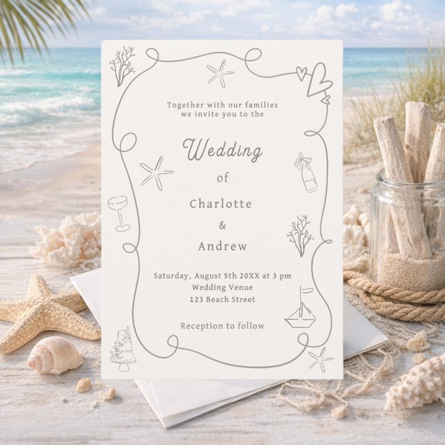 Invitation Hand drawn coastal beach taupe sand ivory wedding (Créateur téléchargé)