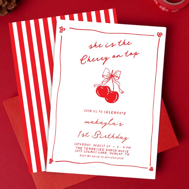 Invitation Hand Drawn Cute Cherry On Top Red 1st Birthday (Créateur téléchargé)