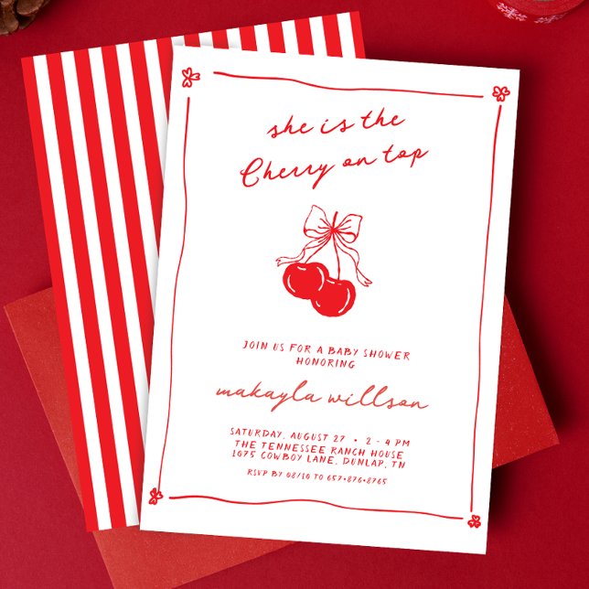 Invitation Hand Drawn Cute Cherry On Top Red Baby Shower  (Créateur téléchargé)