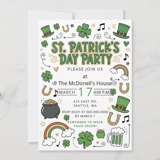 Invitation Hand Drawn Doodle Whimsical St Patricks Day  (Devant)