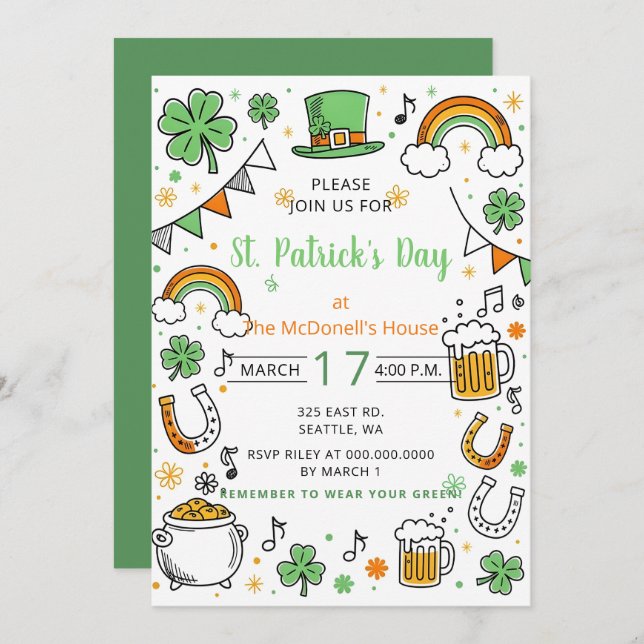 Invitation Hand Drawn Doodle Whimsical St Patricks Day  (Devant / Derrière)