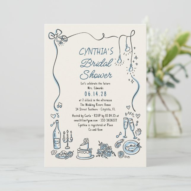 Invitation Hand Drawn Doodles Funky Whimsical Bridal Shower (Debout devant)