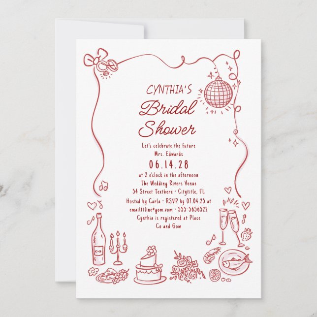 Invitation Hand Drawn Doodles Funky Whimsical Bridal Shower (Devant)