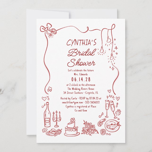 Invitation Hand Drawn Doodles Funky Whimsical Bridal Shower (Devant)
