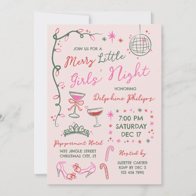 Invitation Hand-Drawn Doodles Merry Little Girls' Night (Devant)