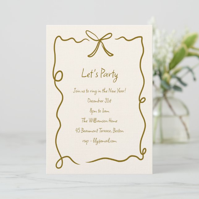 Invitation Hand Drawn Gold Bow Ribbon Border New Years Party (Debout devant)