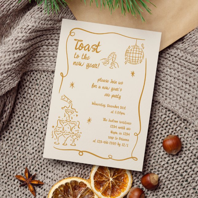 Invitation Hand Drawn Gold Illustrated New Years Eve Party (Créateur téléchargé)