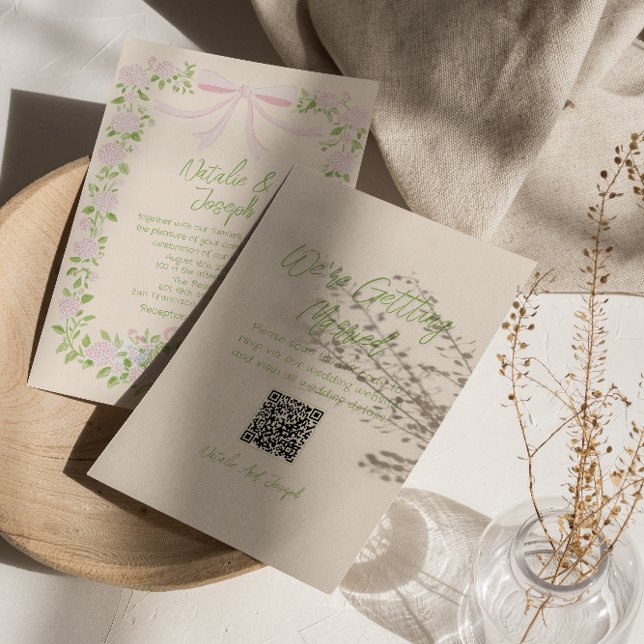 Invitation Hand Drawn Green Pink Bow Floral QR Code Wedding (Créateur téléchargé)