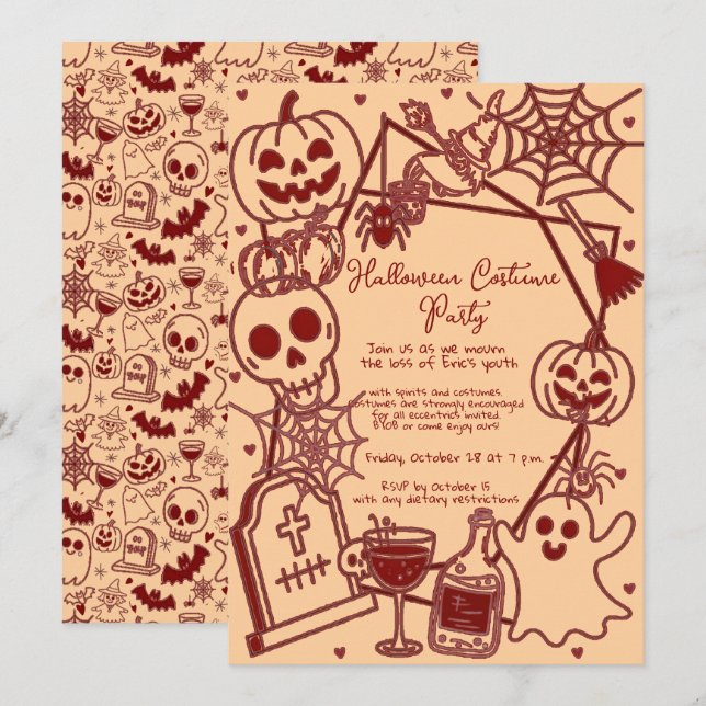 Invitation Hand Drawn Halloween Costume Birthday Party  (Devant / Derrière)