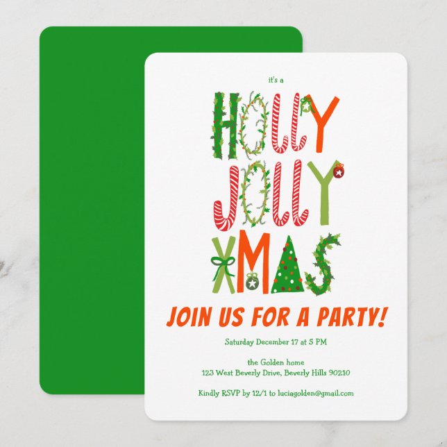 Invitation Hand Drawn Holly Jolly Christmas CUSTOM Holiday (Devant / Derrière)