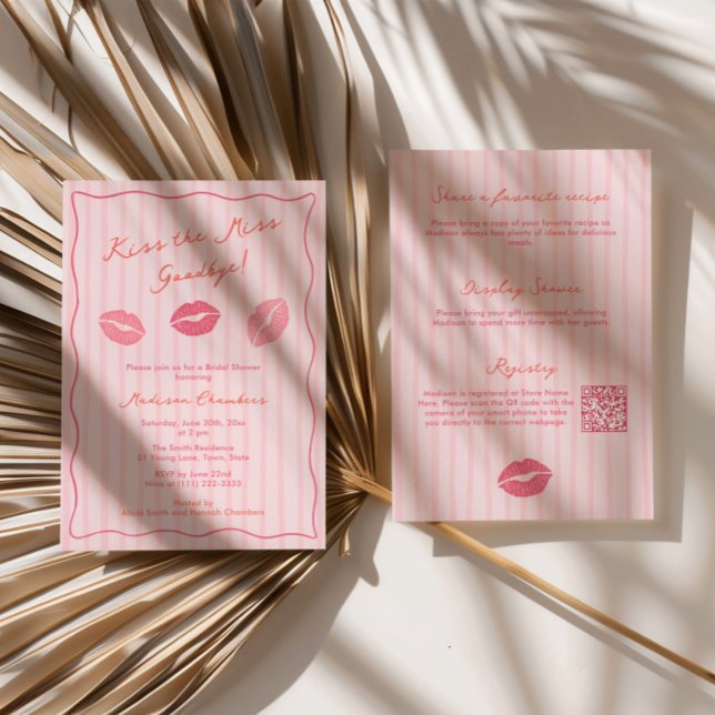 Invitation Hand-drawn Kiss The Miss Goodbye Bridal Shower (Modern Hand-Drawn Kiss The Miss Goodbye Bridal Shower invitation in shades of pink and orange)