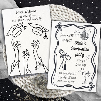 Invitation Hand Drawn Minimalist Black White Graduation Party