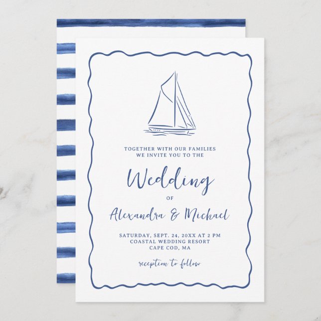 Invitation Hand Drawn Nautical Sailboat Navy Blue Wedding (Devant / Derrière)